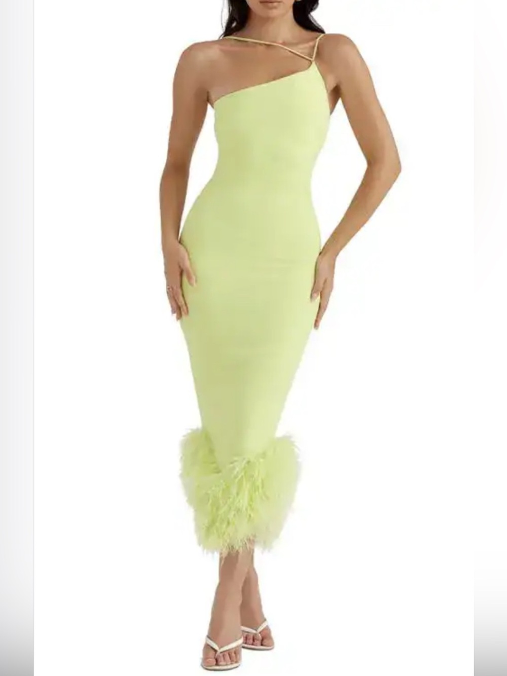 House of CB Alessia Lime One-Shoulder Feather-Hem Midi Dress